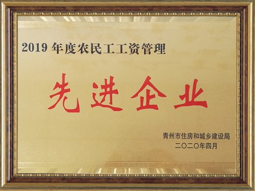 2019年度農(nóng)民工工資管理 先 進 企業(yè)